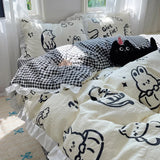 Blue Floral Ruffle Duvet Cover Set Queen 4Pcs