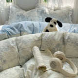 Blue Floral Ruffle Duvet Cover Set Queen 4Pcs