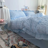 Kawaii INS Girl Blue Bedding Set with Ruffles 4 pcs