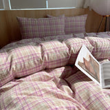 Pink Striped Plaid Duvet Cover Set with 2 Pillowcases
