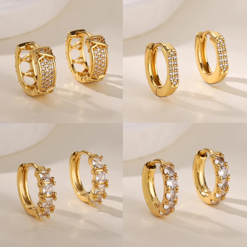 Gold Geometric Pave Zirconia Round Hoop Earrings