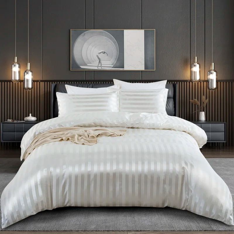 Luxury Satin Striped Duvet Cover Set in Ivory White  Clean Vanilla Store