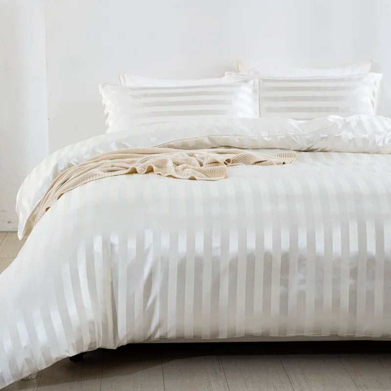 Luxury Satin Striped Duvet Cover Set in Ivory White  Clean Vanilla Store