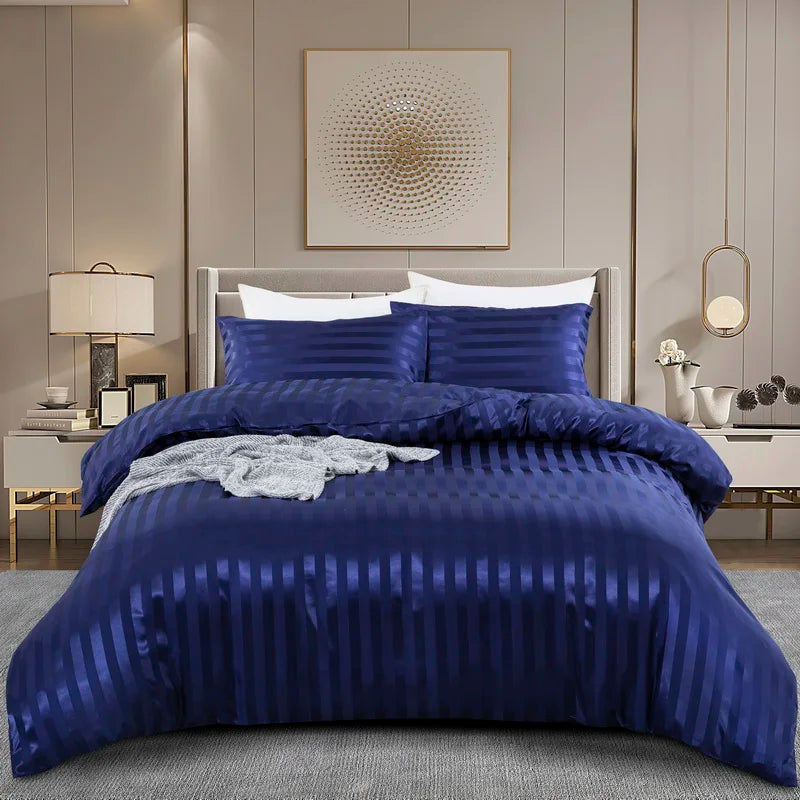 Luxury Satin Striped Duvet Cover Set in Ivory White  Clean Vanilla Store