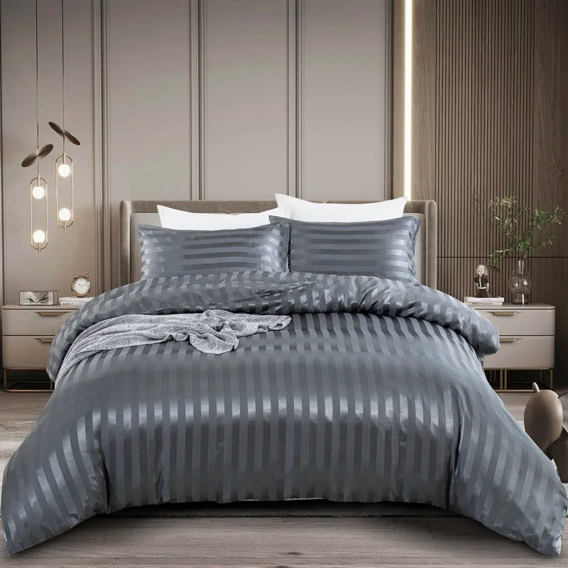 Luxury Satin Striped Duvet Cover Set in Ivory White  Clean Vanilla Store