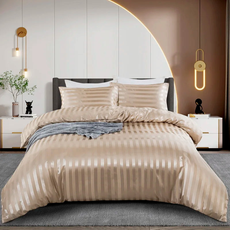Luxury Satin Striped Duvet Cover Set in Ivory White  Clean Vanilla Store