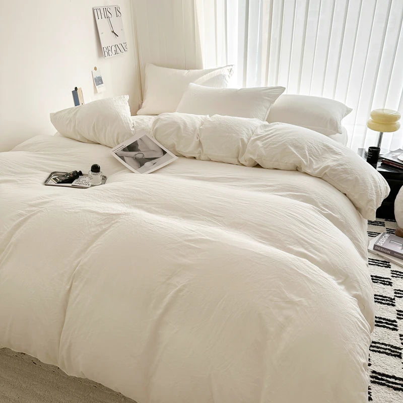 Solid Bed Linen Cotton Bedding Set with Duvet Cover 4pcs  Clean Vanilla Store