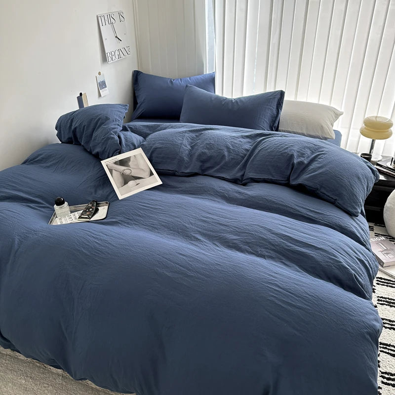 Solid Bed Linen Cotton Bedding Set with Duvet Cover 4pcs  Clean Vanilla Store