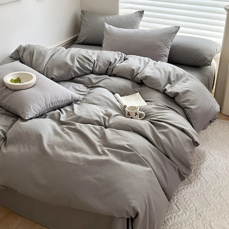Solid Bed Linen Cotton Bedding Set with Duvet Cover 4pcs  Clean Vanilla Store